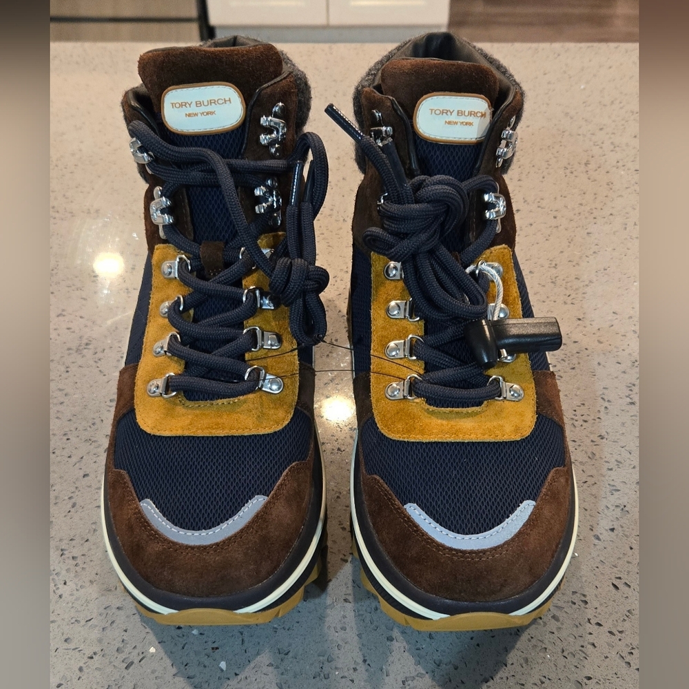 Tory Burch Hiking Boots Mens Sz 11 Brown Navy Suede Leather Lug Sole Chunky.